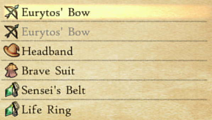 Eurytos’ Bow, Headband, Brave Suit, Sensei’s Belt, Life Ring